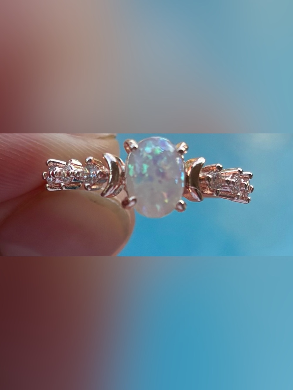 Opal and Moonstone Rose Gold Ring - White Opal Accent - Picture 2 of 5